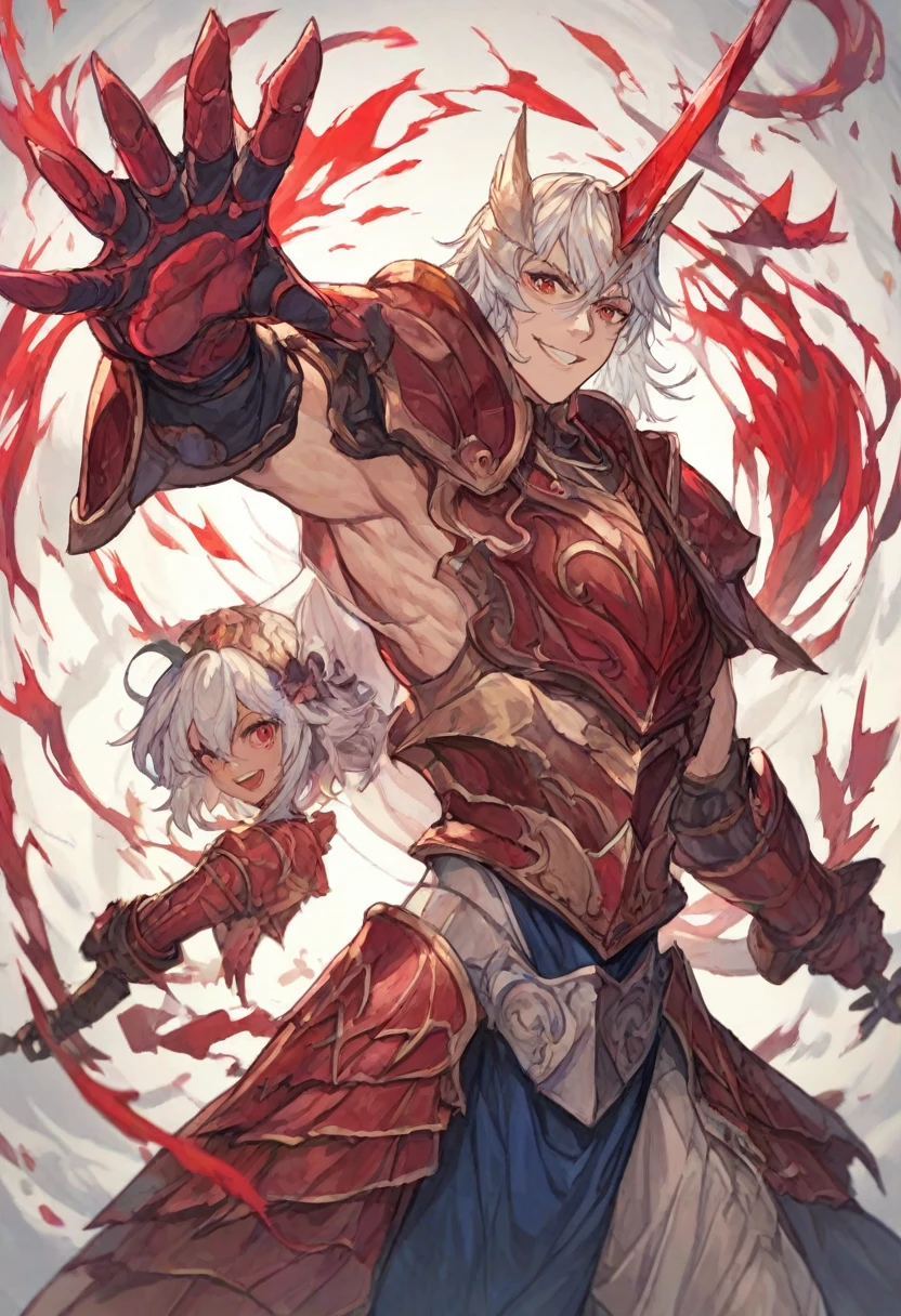 Remilia scarlet in knight body armor. Heroic pose. Magic energy orbs around. Smile. Battle emotiom. Super detailed. Beautiful face and eyes. Beautiful armor. Fantasy. SuperHd.