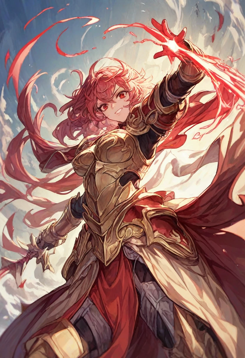 Remilia scarlet in knight body armor. Heroic pose. Magic energy orbs around. Smile. Battle emotiom. Super detailed. Beautiful face and eyes. Beautiful armor. Fantasy. SuperHd.