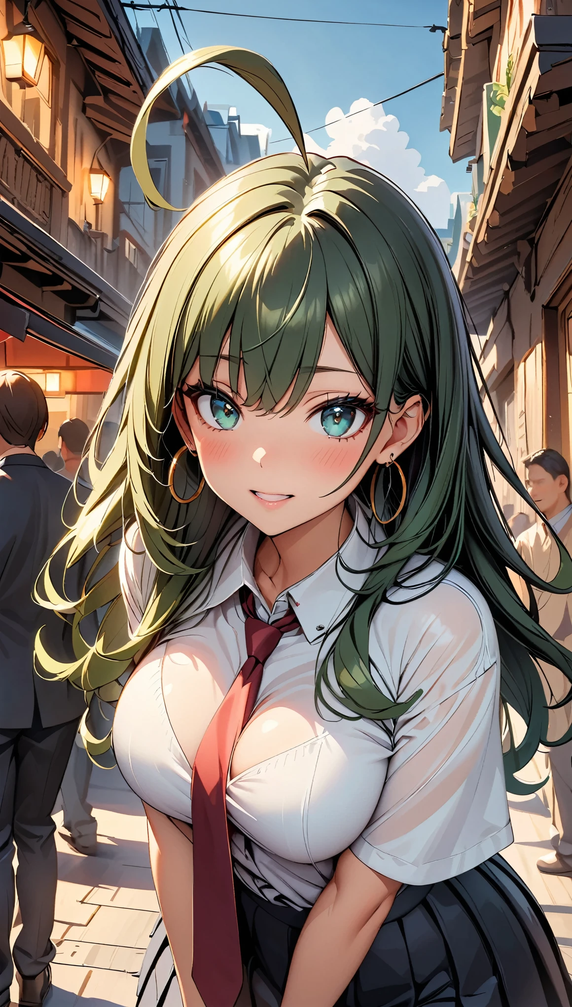 (Highest quality:1.2, High Detail, masterpiece:1.2, Best aesthetics), (1 girl), Beautiful woman, Beautiful detailed eyes, Beautiful detailed lips, Highly detailed face, Delicate depiction of hair and eyes, Detailed Fashion, ((Portraiture, Cowboy Shot, People Girls, blush)), Aqua Eye, Green Hair, huge ahoge, Mouth open, Earrings, hoop Earrings, JK, White shirt, Loose red tie, Pleated skirt, View your viewers,