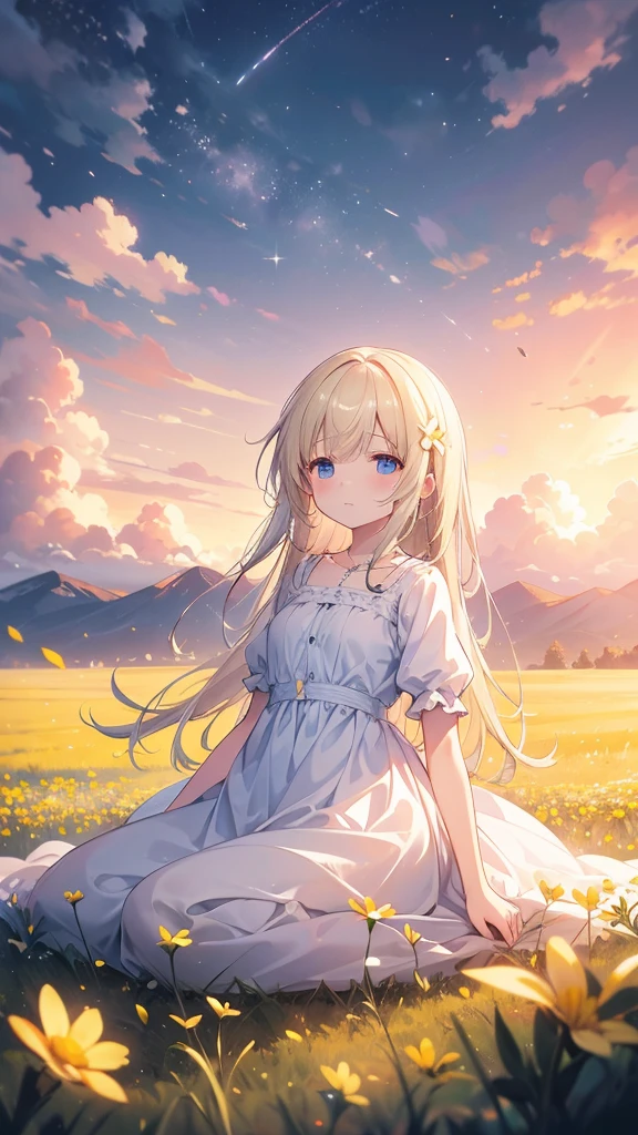 Summer prairie, meadow, few small flowers, large clouds, night time, hot weather, HD detail, hyper-detail, cinematic, surrealism, soft light, deep field focus bokeh, ray tracing, and surrealism. --v 6
