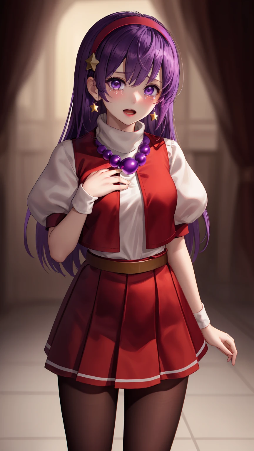 masterpiece,best quality,detailed,white theme,extreme detailed,colorful,highest detailed,masterpiece,best quality,highly detailed,athena97,1girl,cowboy shot,solo,standing,open mouth,crying,purple eyes,purple hair,straight hair,white earrings,red hairband,star hair ornament,medium breats,red vest,white turtleneck,white puffy sleeves,short sleeves,red pleated skirt,(deep red pantyhose:1.2),black pantyhose,yellow belt,purple sphere shape necklace,white short socks,(Hands on own chest,:1.2),