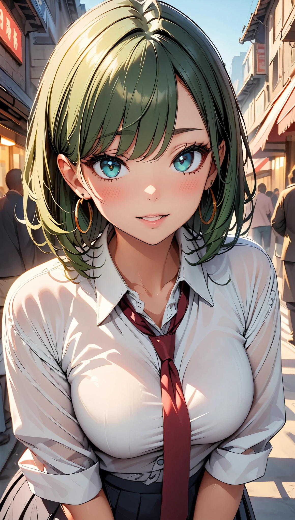 (Highest quality:1.2, High Detail, masterpiece:1.2, Best aesthetics), (1 girl), Beautiful woman, Beautiful detailed eyes, Beautiful detailed lips, Highly detailed face, Delicate depiction of hair and eyes, Detailed Fashion, ((Portraiture, Cowboy Shot, People Girls, blush)), Aqua Eye, Green Hair, huge ahoge, Mouth open, Earrings, hoop Earrings, JK, White shirt, Loose red tie, Pleated skirt, View your viewers,