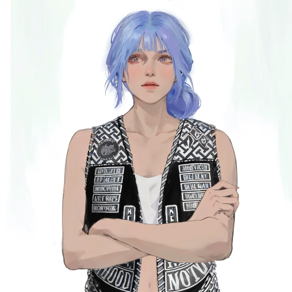 (masterpiece:1.2, best quality), (1girl, solo, upper body:1.2),flat face,Hair: buzz cut,Clothing: oversized, distressed denim jacket with patches and pins, paired with black skinny jeans and combat boots, Hanging out in an underground music venue or street art exhibit