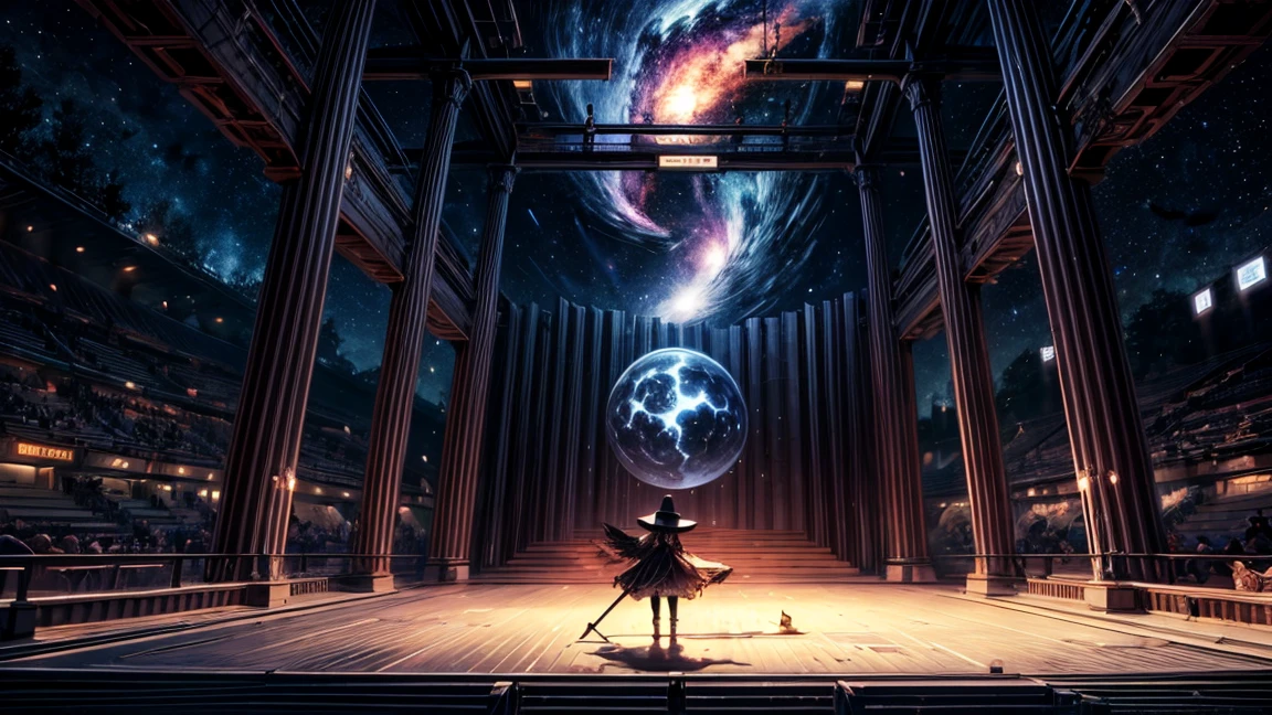 Create an image featuring a witch as the central figure. The witch is riding a broomstick, and the background is themed around a night sky with celestial bodies, inspired by a retro, mechanical stage set design. The stars should be depicted as if they are hanging from the ceiling by piano wires. The perspective should be from a slightly elevated, overhead view looking down at the entire setup. The scene should evoke a magical, otherworldly atmosphere.