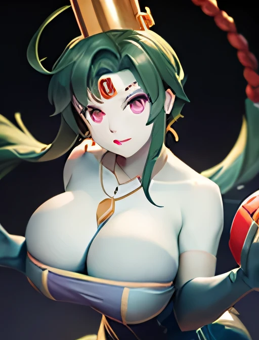 (masterpiece,best quality,ultra-delicate,Perfect Face,16k,high resolution,very beautiful woman), Atsugessho:1.3, upper body shot,deep green hair,blue latex bodycon dress, long latex gloves, green tights, ((large breasts)), gold headpiece, pale blue skin, red gem on forehead, pink mist, ((cosmetics counter)), holding large red ball on rope, necklace, smirk, (extremely glossy)