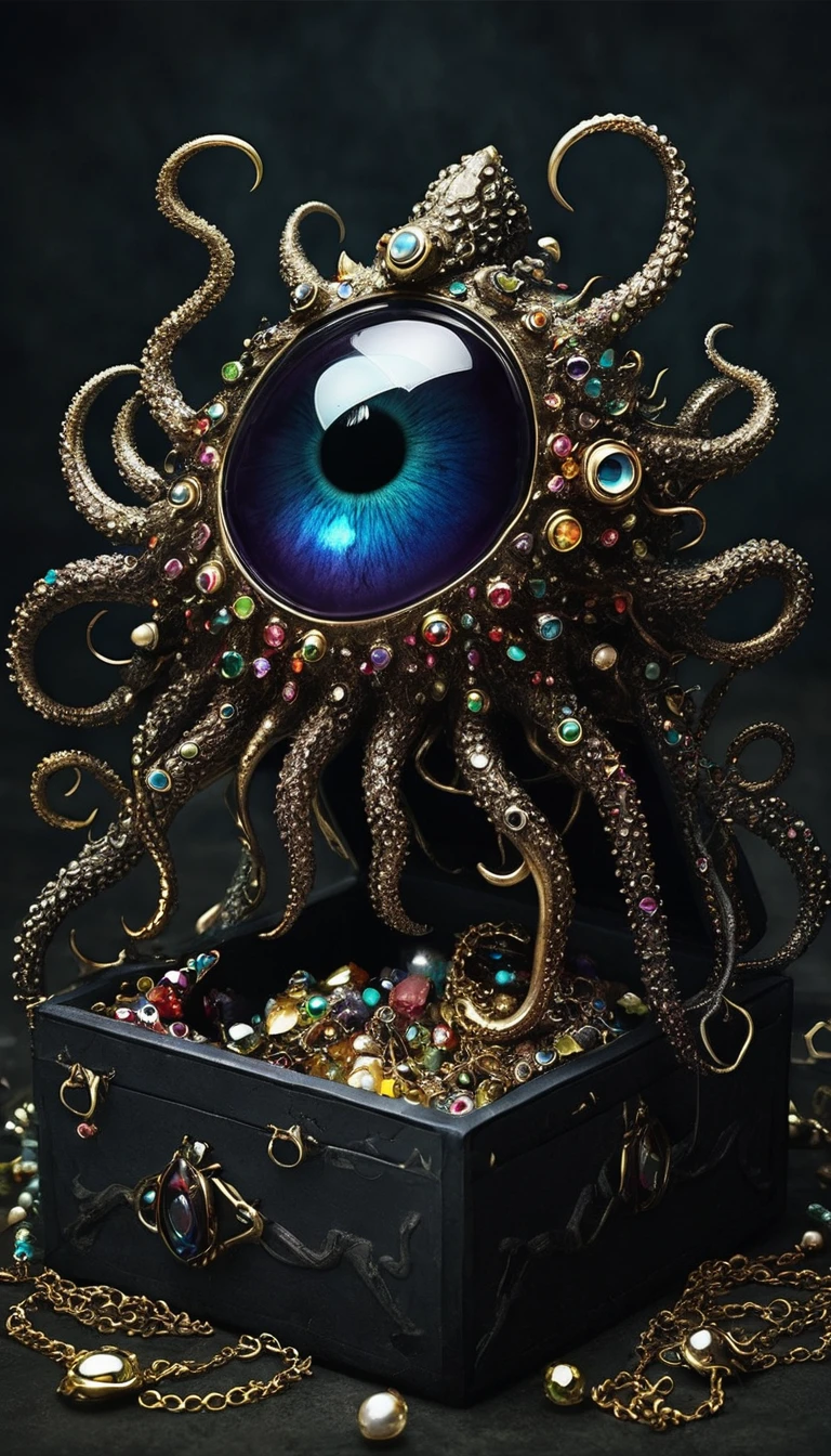 dark,Fear,imitate,Suspension,Strange open lid box monster full of jewels - one eye - sharp teeth - ugly,Long tentacles,Scattered jewelry,greedy