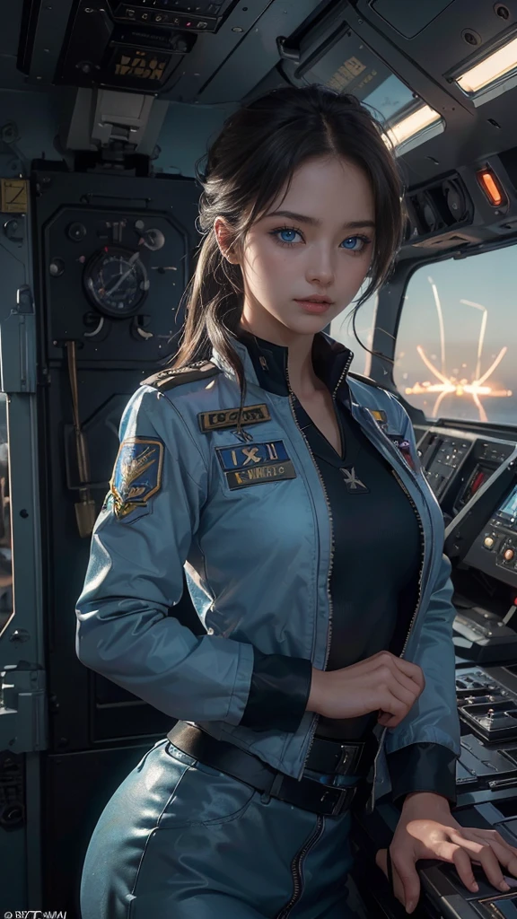 (8K,1080P,textura Realist de la piel,Realist,masterpiece, La Highest quality,High resolution,High resolution:1.5),,Araffes in military uniform standing in front of a Fighter, Pilot Girl, Perfect military composure, かわいいPilot Girl, （SEXY PILOT SUIT, uniform, uniformを着る）, Fighter, Aircraft carrier scene, On an aircraft carrier, アメリカair force, air force, military girl, Top Gun Maverick, Fighter, Sexy military pilot outfit, Bae Suzy, Top Gun,Ultra HD, 8K, 1080P.Unreal Engine:1.4,Ultra HD,La Highest quality:1.4, fotorRealist:1.4, Skin Texture:1.4, masterpiece:1.8,First Job, Highest quality,（Beautifully detailed eye depiction）,(blue eyes:1.4),(Cinematic:1.4),(白い迷彩uniform:1.4),(Cyberpunk AI1.4),(Cinematic lighting:1.4)、 (Small breasts, beautiful breasts)、Sexy pose