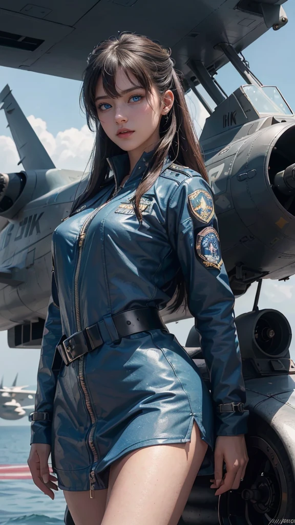 (8K,1080P,textura Realist de la piel,Realist,masterpiece, La Highest quality,High resolution,High resolution:1.5),,Araffes in military uniform standing in front of a Fighter, Pilot Girl, Perfect military composure, かわいいPilot Girl, (SEXY PILOT SUIT, uniform, uniformを着る), Fighter, Aircraft carrier scene, On an aircraft carrier, アメリカair force, air force, military girl, Top Gun Maverick, Fighter, Sexy military pilot outfit, Bae Suzy, Top Gun,Ultra HD, 8K, 1080P.Unreal Engine:1.4,Ultra HD,La Highest quality:1.4, fotorRealist:1.4, Skin Texture:1.4, masterpiece:1.8,First Job, Highest quality,(Beautifully detailed eye depiction),(blue eyes:1.4),(Cinematic:1.4),(白い迷彩uniform:1.4),(Cyberpunk AI1.4),(Cinematic lighting:1.4)、 (Small breasts, beautiful breasts)、Sexy pose