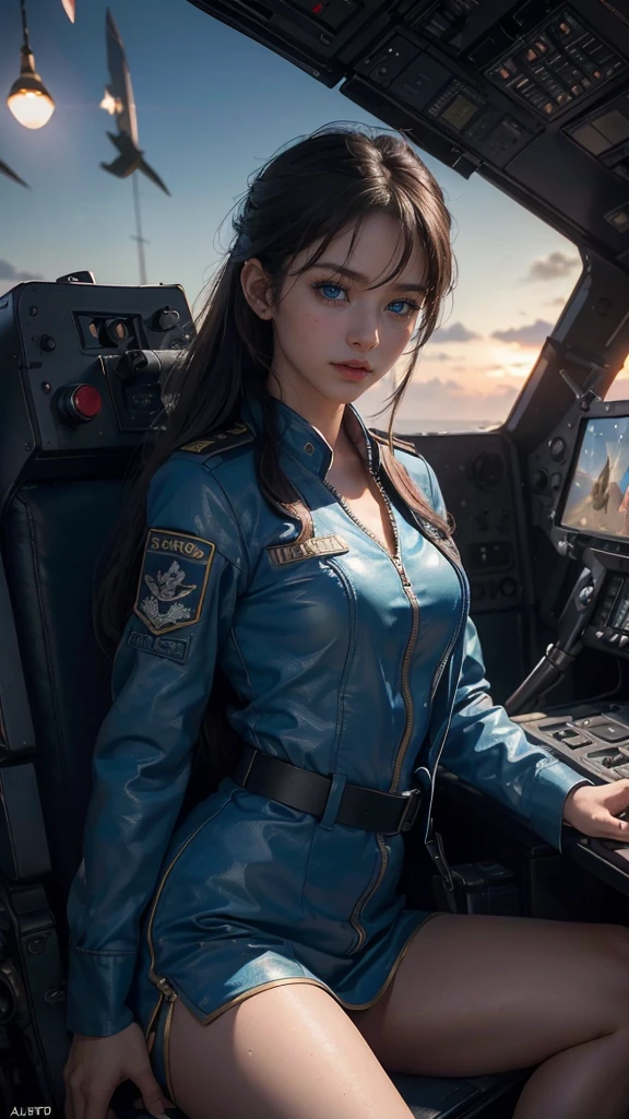 (8K,1080P,textura Realist de la piel,Realist,masterpiece, La Highest quality,High resolution,High resolution:1.5),,Araffes in military uniform standing in front of a Fighter, Pilot Girl, Perfect military composure, かわいいPilot Girl, (SEXY PILOT SUIT, uniform, uniformを着る), Fighter, Aircraft carrier scene, On an aircraft carrier, アメリカair force, air force, military girl, Top Gun Maverick, Fighter, Sexy military pilot outfit, Bae Suzy, Top Gun,Ultra HD, 8K, 1080P.Unreal Engine:1.4,Ultra HD,La Highest quality:1.4, fotorRealist:1.4, Skin Texture:1.4, masterpiece:1.8,First Job, Highest quality,(Beautifully detailed eye depiction),(blue eyes:1.4),(Cinematic:1.4),(白い迷彩uniform:1.4),(Cyberpunk AI1.4),(Cinematic lighting:1.4)、 (Small breasts, beautiful breasts)、Sexy pose