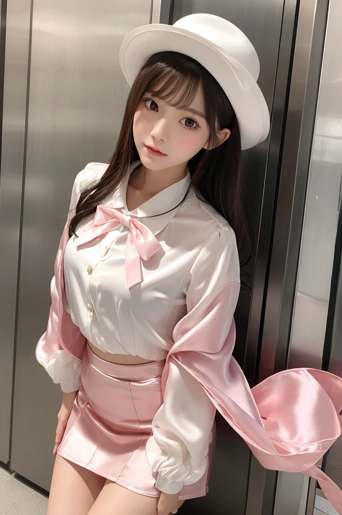 Highest quality、Elevator Girl、A short pink jacket made of shiny silk、White sheer blouse with ribbon、Very short tight skirt、Micro Mini Skirt、A small round hat with a ribbon、Skinny、White gloves、Very embarrassed look、Sit on the floor facing the front、Face straight