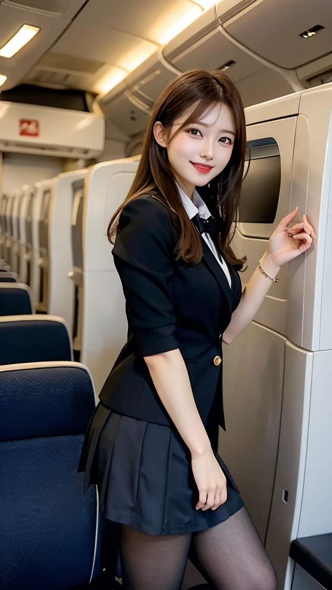 ​highest quality、table top、8k、best image quality、Award-winning work)、one beautiful woman、radiant beautiful skin , masterpiece、top-quality、The ultra -The high-definition、depth of fields、lens flare 1 girl、、brown hair、watching at  viewers glares, large breasts , stewardess uniform, ( stewardess blazer:1.2),   short skirt, (black ysl high heels), perfect legs, model pose,  view from below, smiling , flight cabin, pantyhose 