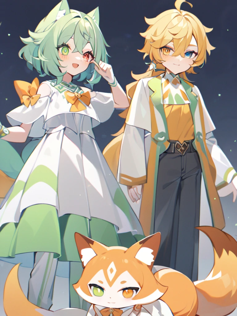 Goro from genshin impact stands next to a fox girl who has long yellow hair braided in two tails, this girl has heterochromia, one eye is orange, the other is green, she is all in white clothes, trousers, a separate collar with an orange bow, Goro stands next to a fox girl