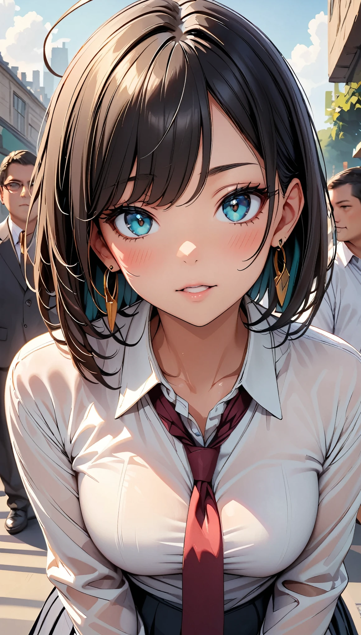 (Highest quality:1.2, High Detail, masterpiece:1.2, Best aesthetics), (1 girl), Beautiful woman, Beautiful detailed eyes, Beautiful detailed lips, Highly detailed face, Delicate depiction of hair and eyes, Detailed Fashion, ((Portraiture, Cowboy Shot, People Girls, blush)), Aqua Eye, Green Hair, huge ahoge, Mouth open, Earrings, hoop Earrings, JK, White shirt, Loose red tie, Pleated skirt, View your viewers,