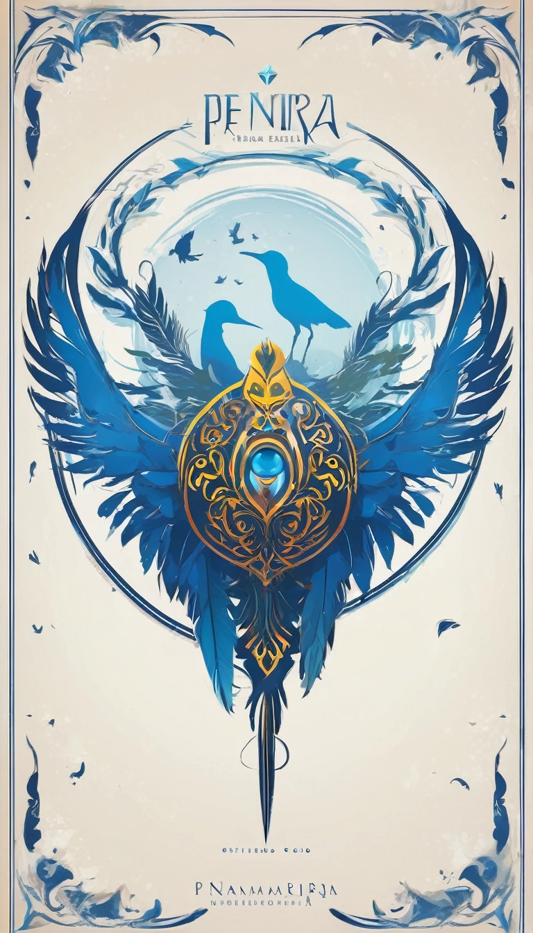 Create a minimalistic, simple, fantastic, easy to understand, logo design of two faces, one of a boy and the other of a feather for an upcoming Fantasy Role Playing Game called " Penamemoria". The game is about a world full of bird and feathers. A boy enters that world and discovers his true artistic identity. Create a logo design that transmits the essence of this videogame. It´s a fantasy game, with fantasy elements. Create the logo in the center and a fantasy theme as background. Use the colours blue, white, yellow in the logo. The logo design must convey a sense of fantasy, dreams and music. Must convey a feeling of being a true Dreamer