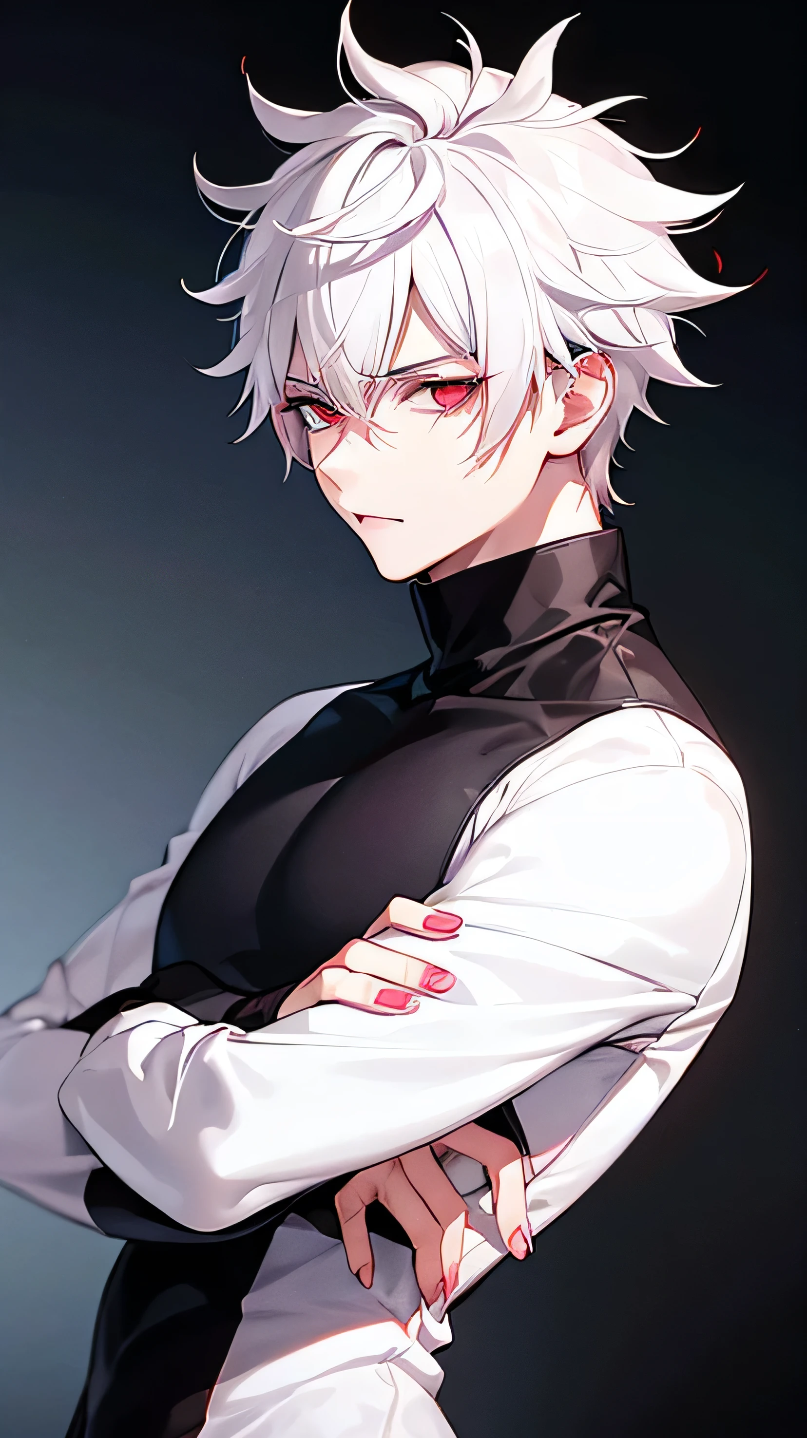 A  boy, white hair with red strands at the nape of the neck, white eyes, delicate face, serious look,  pink lips, long-sleeved black shirt close to the body, defined body. Shadows background of hands with long nails, estilo jujutsu kaisen 