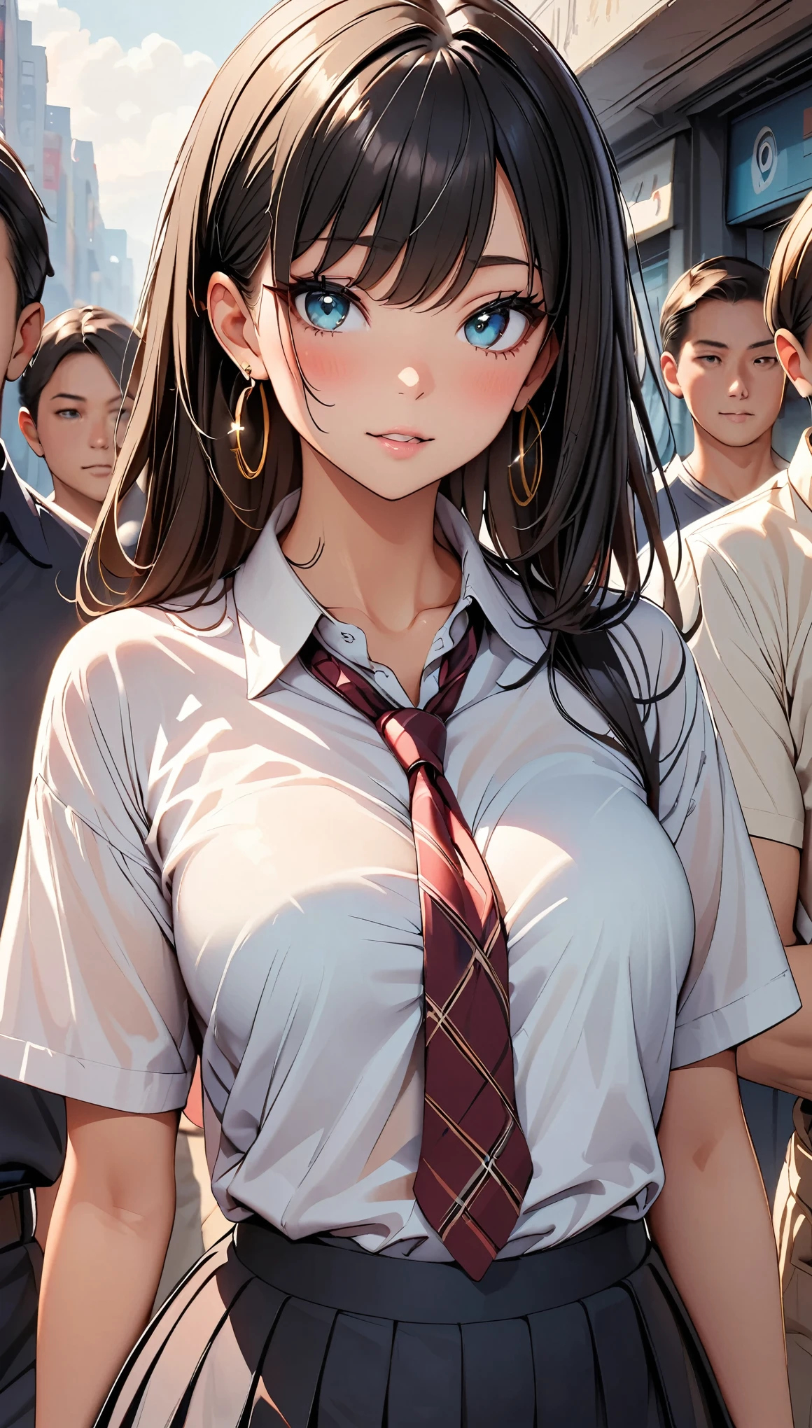 (Highest quality:1.2, High Detail, masterpiece:1.2, Best aesthetics), (1 girl), Beautiful woman, Beautiful detailed eyes, Beautiful detailed lips, Highly detailed face, Delicate depiction of hair and eyes, Detailed Fashion, ((Portraiture, Cowboy Shot, People Girls, blush)), Aqua Eye, Black Hair, huge ahoge, Mouth open, Earrings, hoop Earrings, JK, White shirt, Loose red tie, Pleated skirt, View your viewers,