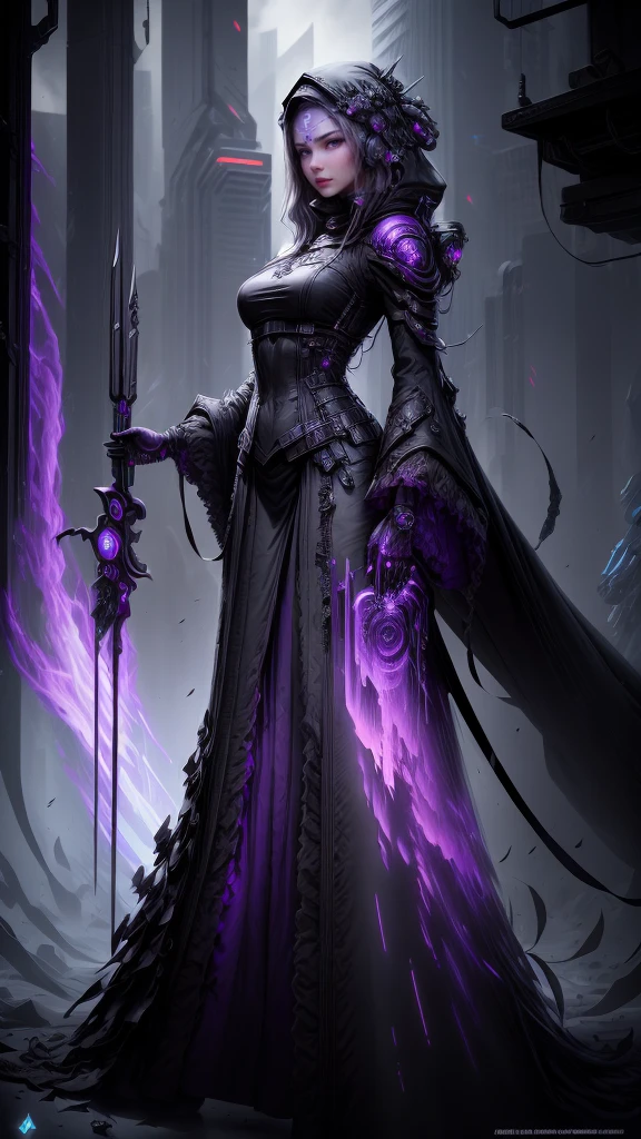 a dark fantasy cyberpunk android woman, 1 girl, highly detailed, hyper realistic, masterpiece, 8k, photorealistic, beautiful detailed eyes, beautiful detailed lips, extremely detailed face, long eyelashes, long white hair, shawl, black coat, glowing purple eyes, expressionless, mecha long skirt, holding a weapon, beautiful necromancer, dark cloaked necromancer, beautiful death, dark witch character, (black purple:1.1), studio lighting, professional, vivid colors, physically-based rendering, extreme detail description