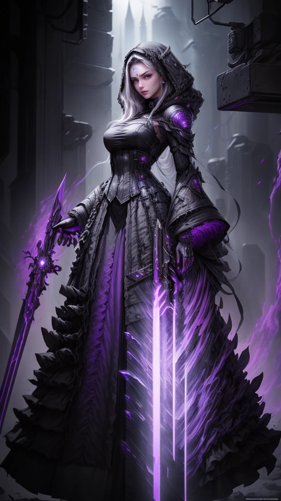 a dark fantasy cyberpunk android woman, 1 girl, highly detailed, hyper realistic, masterpiece, 8k, photorealistic, beautiful detailed eyes, beautiful detailed lips, extremely detailed face, long eyelashes, long white hair, shawl, black coat, glowing purple eyes, expressionless, mecha long skirt, holding a weapon, beautiful necromancer, dark cloaked necromancer, beautiful death, dark witch character, (black purple:1.1), studio lighting, professional, vivid colors, physically-based rendering, extreme detail description