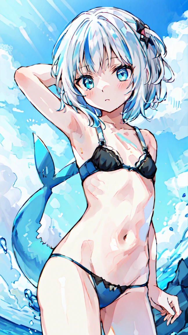 short hair, blue hair,shark tooth,
break ((blue black bra、blue black panties)), small breasts, naked, Exposed skin, wet skin, (arm behind head, armpit),
break sea, beach,
break looking at viewer,
break (masterpiece:1.2), highest quality, High resolution, unity 8k wallpaper, (figure:0.8), (beautiful and fine eyes:1.6), highly detailed face, perfect lighting, Very detailed CG, (perfect hands, perfect anatomy)