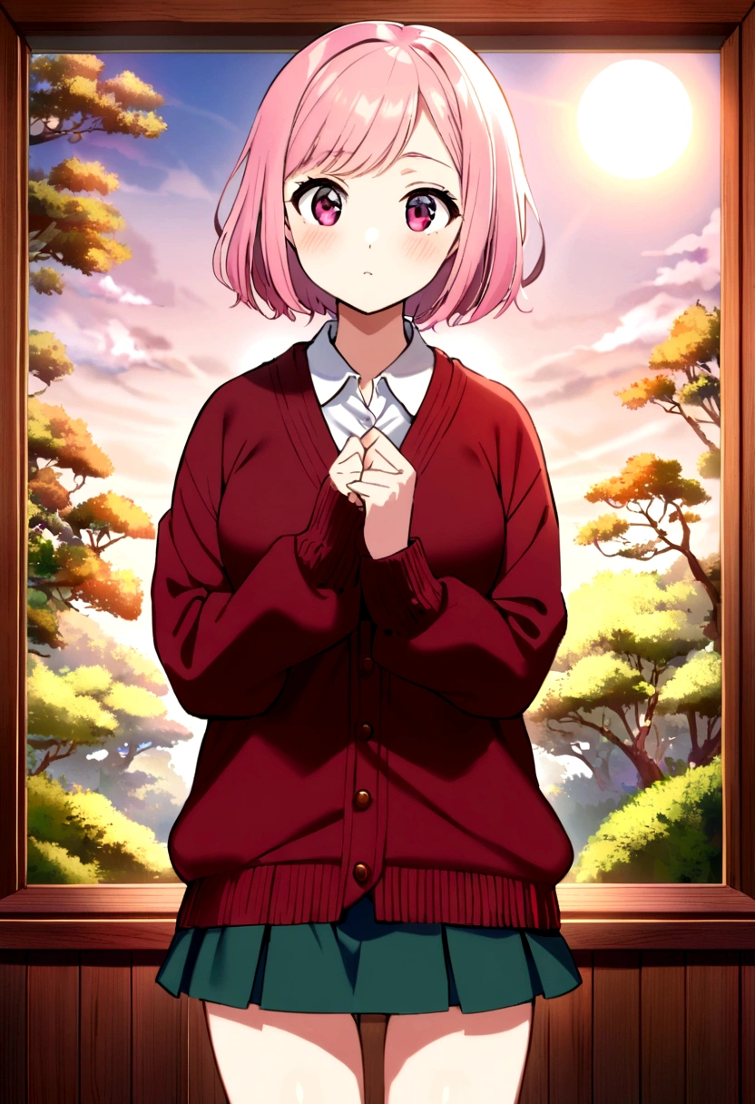 18 year old girl with Japanese anime style short pink hair, her face is of Japanese-German descent wearing a maroon colored cardigan with a short skirt
