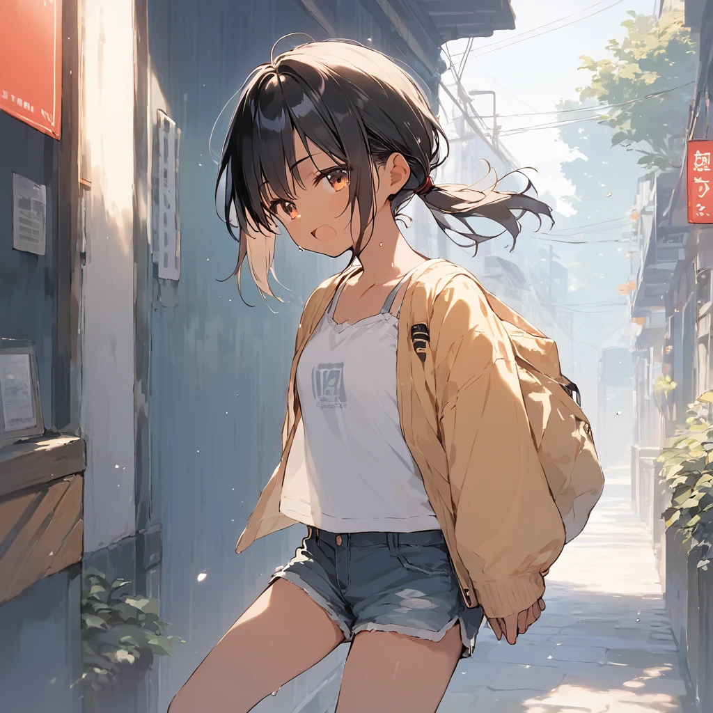 score_9, score_8_up, score_7_up, source_anime, best quality, masterpiece, official art, absurdres, highres, ultra-detailed,waifu2x,Collection: Slice of Life,break,1girl, tomboy, dark-skinned female, short hair, low ponytail, small breasts,  beautiful detailed eyes, short shorts, sweat, open mouth, (yawn:0.3), sleepily, outdoors, wind, break,(clear line illustration:1.2),very high resolution, very aesthetic, super detailed skin, Best sexual lighting powered by famous artist, 8k,cute picture,beauty illustration,photoshop_(medium),,(Detailed Lighting),best anime 8k konachan wallpaper, pixiv contest winner, 