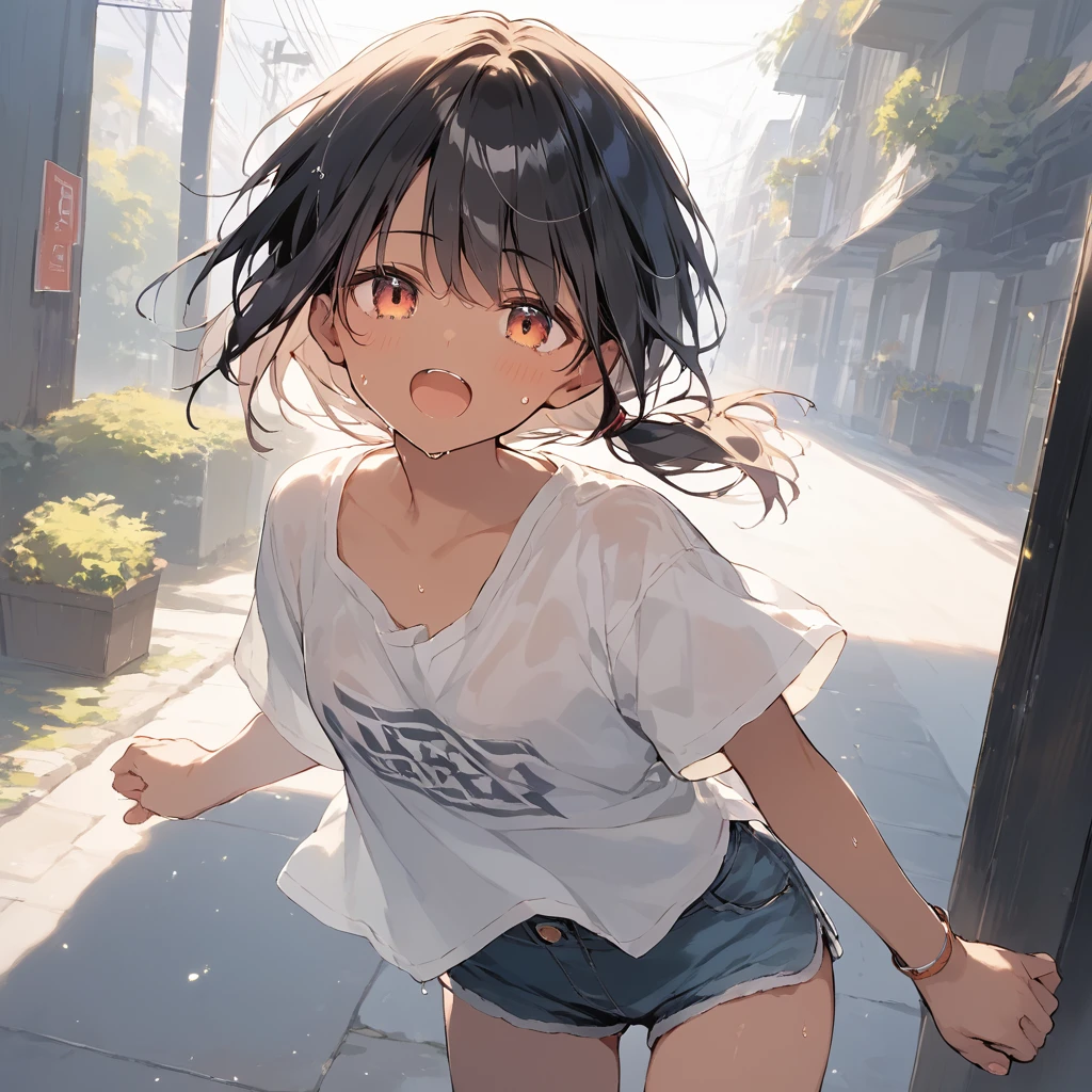 score_9, score_8_up, score_7_up, source_anime, best quality, masterpiece, official art, absurdres, highres, ultra-detailed,waifu2x,Collection: Slice of Life,break,1girl, tomboy, dark-skinned female, short hair, low ponytail, small breasts, beautiful detailed eyes, short shorts, sweat, open mouth, (yawn:0.3), sleepily, outdoors, wind, break,(clear line illustration:1.2),very high resolution, very aesthetic, super detailed skin, Best sexual lighting powered by famous artist, 8k,cute picture,beauty illustration,photoshop_(medium),,(Detailed Lighting),best anime 8k konachan wallpaper, pixiv contest winner,