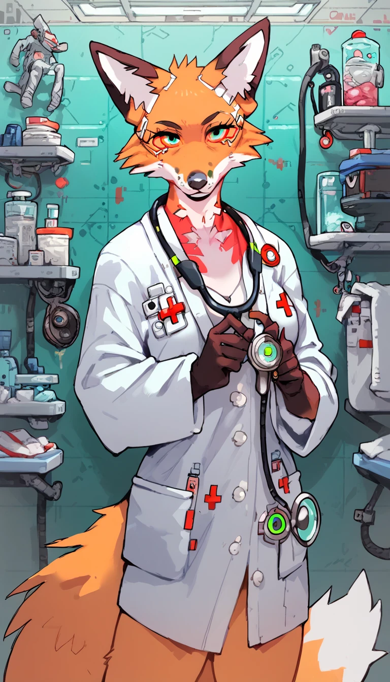 score_9, score_8_up, score_7_up, (cyberpunk city, Hospital, operations room, medicines on background:1.5),
((Fox:1.2), anthro, solo, female, (portrait, standing), (holdingtablet), ((wearing medical robe, doctor, doctor's robe), (wearing stethoscope, phonendoscope)), ((fox fur)), beautiful, (have cyberpunk-style additions:1.35)
