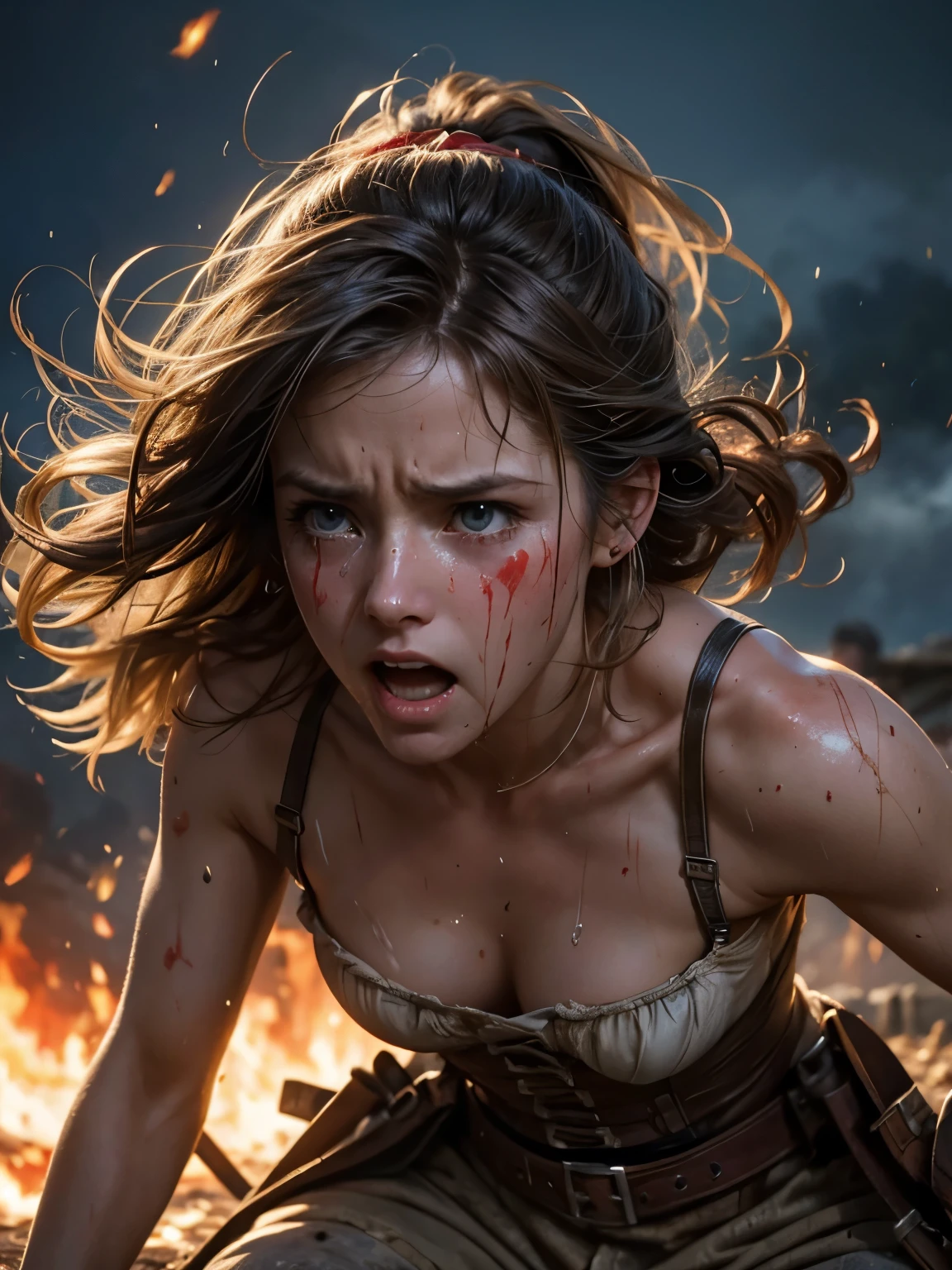 Helen Skelton, American Civil War era, close-up action shot from ground level, naked Confederate soldier, Celtic tattoos, swearing, sweating, damp hair, bloodied, on a bloody battlefield, snow, explosion, fires