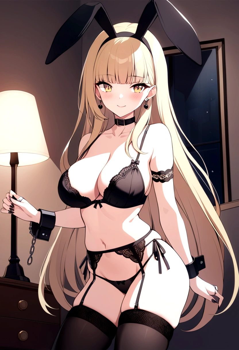 slender, mature female, underwear, jewelry, breasts, long_hair, panties, navel, bracelet, 1girl, thighhighs, animal_ears, lingerie, smile, handcuffs, solo, large_breasts, bunny_ears, black_panties, bra, black_legwear, rating:safe, cleavage, choker, looking_at_viewer, blush, earrings, bare_shoulders, garter_belt, black_bra, blonde_hair, stomach, lace, hairband, very_long_hair, thighs, lace-trimmed_legwear, lamp, cuffs, indoors, bangs, collarbone, highleg, yellow_eyes, eyebrows_visible_through_hair, ring, side-tie_panties, sidelocks, closed_mouth, hair_ornament, black_nails, armband, skindentation, highleg_panties, rating:questionable, wrist_cuffs, lace_bra, collar