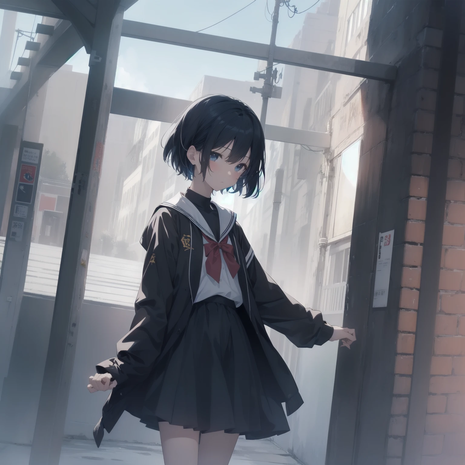 ultra-absurdres-Top quality by artist God, ultra-detailed, high resolution, anime moe artstyle, best anime 8k konachan wallpaper, pixiv contest winner, pool:2810, perfect anatomy,break, 1girl, (Please draw a girl walking sleepily to school alone. )break,(Solo,little female, 13-year-old:1.3),Full limbs, complete fingers,a junior high school student, (very short hair), short cut, flat chest, , small butt, small black eyes, beautiful detailed eyes, well-proportioned iris and pupils, expressive eyes, highres detailed hair, soft expression, salor school_uniform, sailor collar, serahuku, bow, pleated skirt,(Detailed Lighting), (Detailed background), in the School commute route. break,super detailed skin, Best cinematic lighting powered by famous artist, 8k,beauty illustration,photoshop_(medium),very aesthetic,break,((artist:wa_(genryusui) )), artist:clamp ,artist:carnelian ,artist:kantoku ,