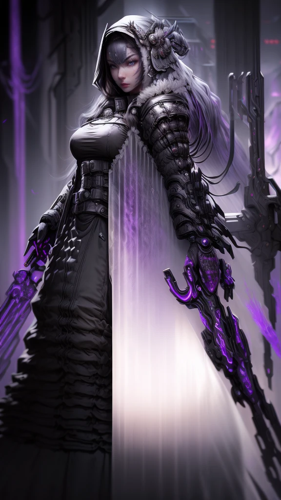 a dark fantasy cyberpunk android woman, 1 girl, highly detailed, hyper realistic, masterpiece, 8k, photorealistic, beautiful detailed eyes, beautiful detailed lips, extremely detailed face, long eyelashes, long white hair, shawl, black coat, glowing purple eyes, expressionless, mecha long skirt, holding a weapon, beautiful necromancer, dark cloaked necromancer, beautiful death, dark witch character, (black purple:1.1), studio lighting, professional, vivid colors, physically-based rendering, extreme detail description