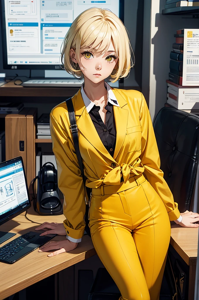 1boy, 1person, alone, 25 years old, yellow hair, golden eyes, emphasize the highlights of golden eyes, cheveux blonds, mid lenght hair, boss, formal business outfit, yellow outfit, yellow clothes, black suspenders, arrogant look, Jen Zee style, bureaucratic themed, modern look, work fashion, bureau clothes, bureau, desk, work furniture, yellow themed image, yellow furniture, mustard touches of olor, mustard colored walls, kim goo character, kim goo inspiration, kim goo lookism, kim goo manager kim, looking at viewer, flower of the cult vagabondart1 style, vagabondart1 instagram, khoffi art style, khoffi style, khoffi instagram, aoi ogata style, Yuribo style, Springtime Composition, Imari Ozaki style, tyao composition, eve insomnia style, VIVINO&#39;s style, ado style, yasutatsu style, ORIHARA style, ewkkyorhr style