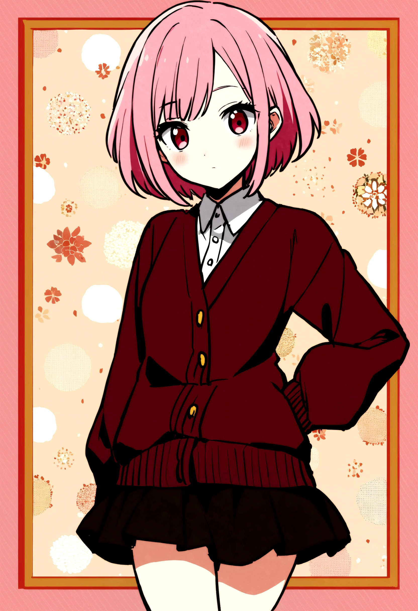 18 year old girl with Japanese anime style short pink hair, her face is of Japanese-German descent wearing a maroon colored cardigan with a short skirt