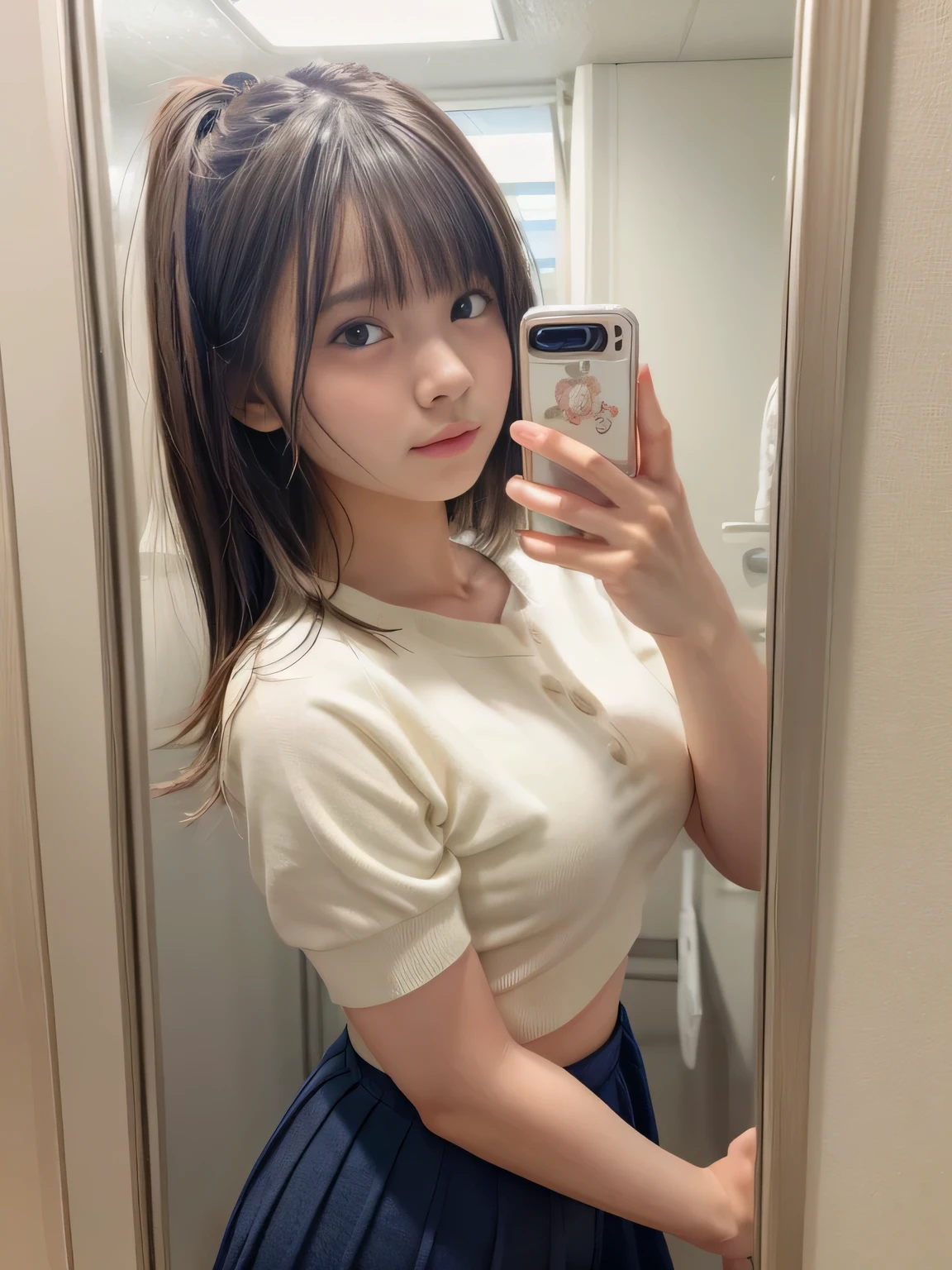 Selfie through the mirror,Female college student,Highest quality,Very detailed,masterpiece,Realistic,Photo realistic,A very beautiful 21 year old woman, (cute:1.2),Hide your mouth with your smartphone,Menhera,Anatomically correct hands,locker room,Right hand down,Smaller breasts