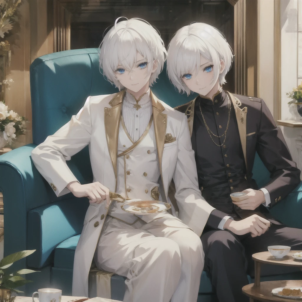(((White Hair Short Hair blue eyes back))) ((Noble clothes Drinking tea Gold-edged sofa)) (smile) Shining Edge