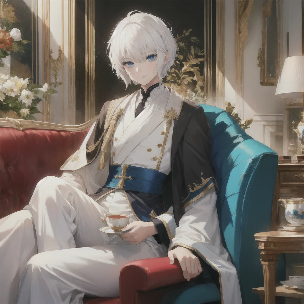 (((White Hair Short Hair blue eyes back))) ((Noble clothes Drinking tea Gold-edged sofa)) (smile) Shining Edge
