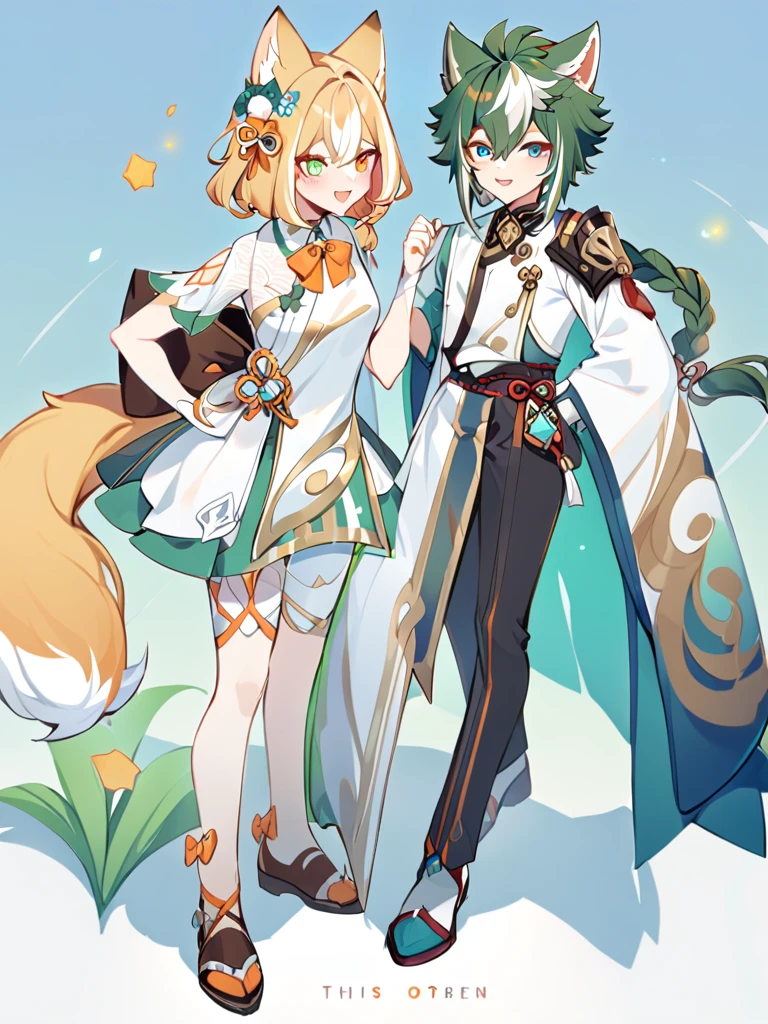 Gorou from genshin impact stands next to a fox girl who has long yellow hair braided in two tails, this girl has heterochromia, one eye is orange, the other is green, she is all in white clothes, trousers, a separate collar with an orange bow, Gorou stands next to a fox girl