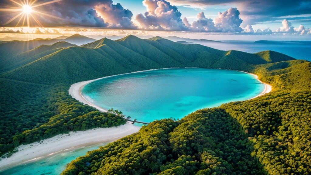 A photorealistic Fuji X-T5 photography, glitching digital screen, birds-eye view of a tropical paradise in the sun, summer fever dream, sun beams, lens flares, the weather is very dark, cloudy, rainy and foggy, with pristine, white sand beaches, lush, aquatic cosmopolitan tropical foliage vegetation, ludwigia, hornwort, big green leaf plants, verdant rainforests, and a vibrant, turquoise lagoon, captured from a high-altitude drone during a breathtaking sunset, showcasing the island's rugged coastline, coral reefs, and the vast, shimmering expanse of the surrounding ocean, rise with the morning, fall into the night, shine so brights