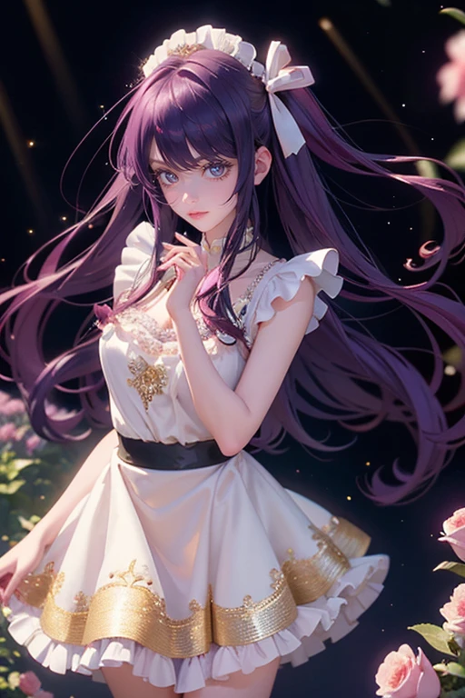 1girl, Ai Hoshino_(Oshi no Ko), centered girl, perfectly body, perfectly hands, solo, jewelry, lavender, rabbit jewel on her hair, ornament hair, twintails, rabbit jewel on her hair, purple hair, long hair, long flowing hair, floating hair, ornament hair, perfectly body, perfectly hands, garden scenery, magenta rose on hair, Looking at the audience, flowing hair, Beautiful Eyes, Plump and glossy lips, maid, maid dress, maid headdress, maid apron, white apron, dress with too many frills, white dress, magenta laces, white Short skirt, small skirt, skirt with layers, Drape clothes, magenta gem, Lace trim, bright stage in the garden, luxury gold details, gold jewelry, more details, best quality, Big sparkling eyes, blushing, Striped Lace Stockings, white Lolita skirt, sparkle, solo, centered girl, cowboy shot, perfectly body, perfectly hands, two arms, two legs, two hands, five fingers, perfect anatomy, glowing hair, magenta roses, in garden, sparkles, more details on her clothes, dress with transparency, golden details on her dress, night, holding a bouquet, ((4k, masterpiece, top-quality)), 8k, best quality, high resolution, UHD, (illustration:0.8), super cute girl, delicate and beautiful face, mature girl, super cute hairstyle, (beautiful detailed eyes:1.6), extremely detailed face, perfect lighting, extremely detailed CG, (perfect hands, perfect anatomy), Best quality, cleavage