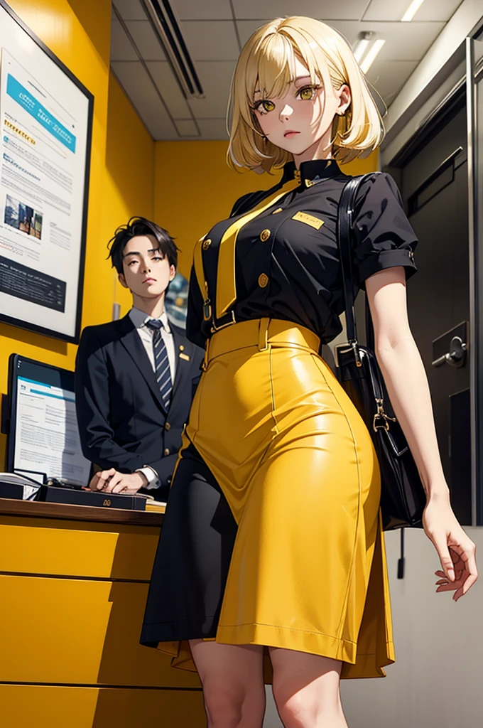 1boy, 1person, alone, 25 years old, yellow hair, golden eyes, emphasize the highlights of golden eyes, cheveux blonds, mid lenght hair, boss, formal business outfit, yellow outfit, yellow clothes, black suspenders, arrogant look, Jen Zee style, bureaucratic themed, modern look, work fashion, bureau clothes, bureau, desk, work furniture, yellow themed image, yellow furniture, mustard touches of olor, mustard colored walls, kim goo character, kim goo inspiration, kim goo lookism, kim goo manager kim, looking at viewer, flower of the cult vagabondart1 style, vagabondart1 instagram, khoffi art style, khoffi style, khoffi instagram, aoi ogata style, Yuribo style, Springtime Composition, Imari Ozaki style, tyao composition, eve insomnia style, VIVINO's style, ado style, yasutatsu style, ORIHARA style, ewkkyorhr style