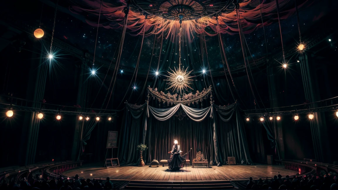 Create an image featuring a witch as the central figure. The witch is riding a broomstick, and the background is themed around a night sky with celestial bodies, inspired by a retro, mechanical stage set design. The stars should be depicted as if they are hanging from the ceiling by piano wires. The perspective should be from a slightly elevated, overhead view looking down at the entire setup. The scene should evoke a magical, otherworldly atmosphere.