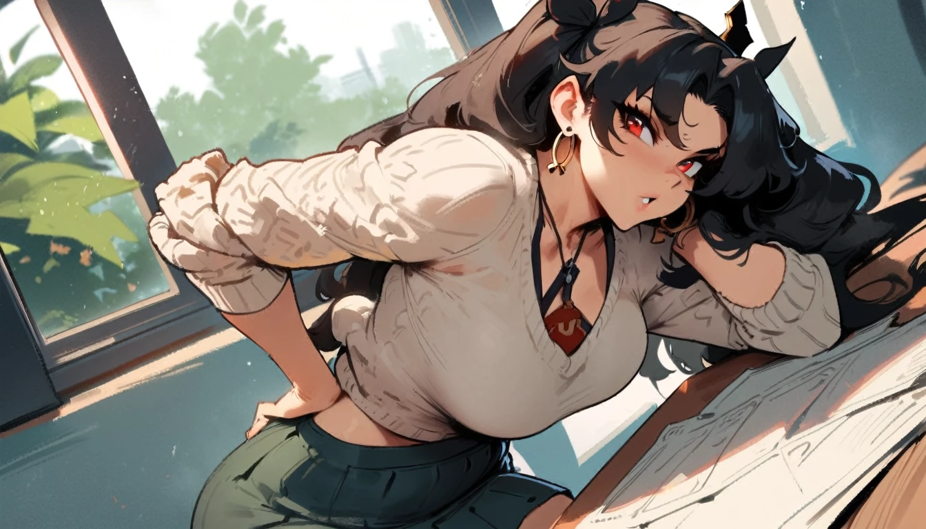 1girl, ishtar \(fate\), fate \(series\) \\\\\ masterpiece, best quality, very aesthetic, absurdres, newest \\\\\\ slim body,///// ,by nyantcha,cutesexyrobutts , by khyle,,////// beautiful face, sexy, red eyes, , at school, windows, greenery, sweater,skirt,at desk