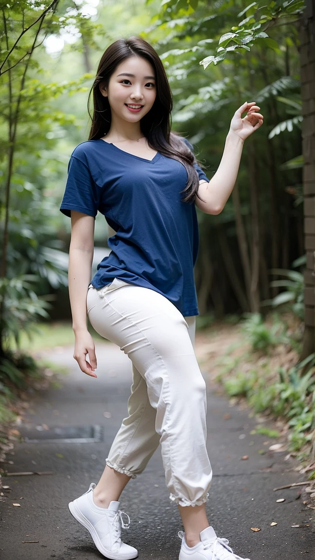masterpiece, best quality, Surreal, Ultra Detailed, 8k resolution, RAW photos, Clear focus, (A girl in the forest), ((navy blue shirt:1.1)), Short sleeve, Long sweatpants,Full body posture, Solitary, Perfect body, Become a, 32 inches in the chest,(a charming smile:1), (sexy pose),26 years old, light,White shoes