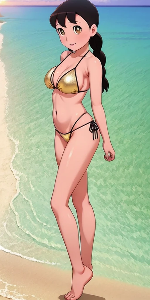 best quality, masterpiece, gold eyes,bikini ,sexy dress, full  body,shizuka milf,big tits,smooth skin,hot,hair strand,Fair skin,side braids,wearingbeautiful ornaments,standing at beach,lovely sunset