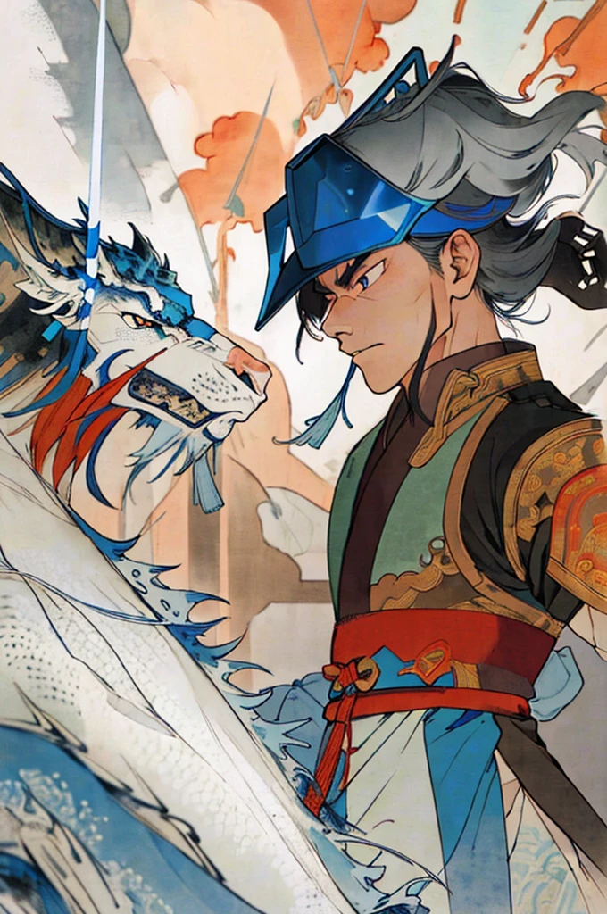 A valiant and heroic portrait of Zhao Yun, a general from the Three Kingdoms era. He wears silver armor with a blue plume on his helmet, and holds a long spear. He is depicted in a dynamic pose, ready to charge into battle, with a determined expression.