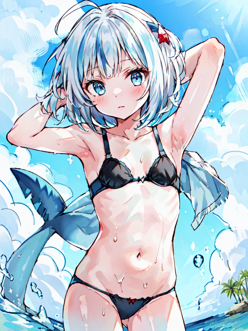 short hair, blue hair,shark tooth,
break ((blue black bra、blue black panties)), small breasts, naked, Exposed skin, wet skin, (arm behind head, armpit),
break sea, beach,
break looking at viewer