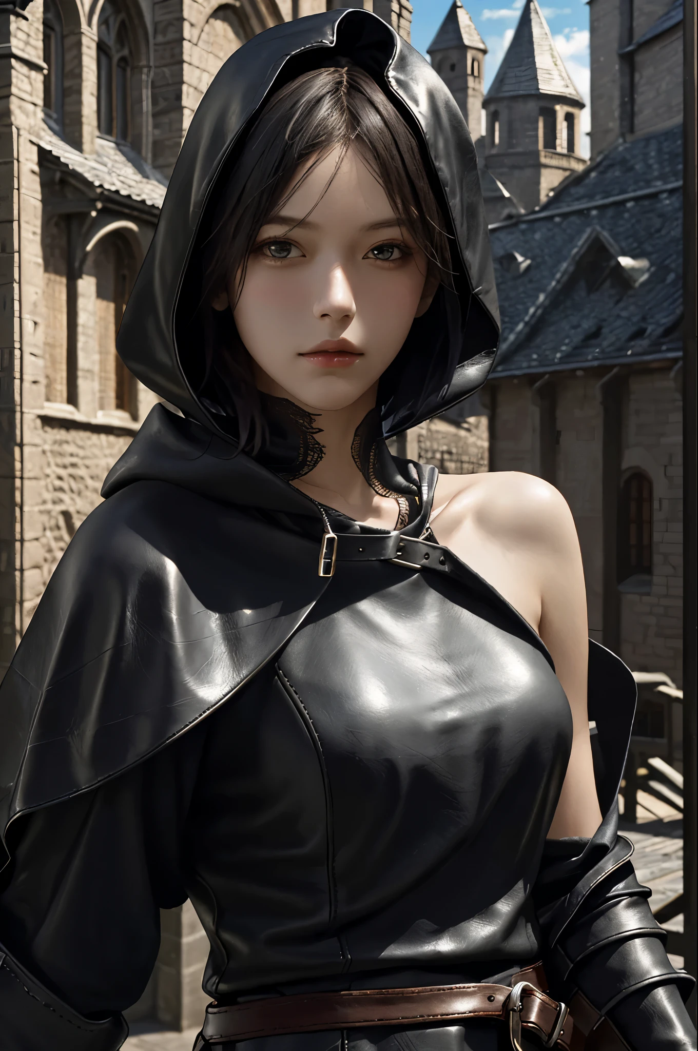 Highest quality,masterpiece,Ultra-high resolution,(Realistic:1.4),One girl,shoulder,Charm,Looking into the camera,short hair、Black hood、Leather armor、Upper body only、Background medieval cityscape