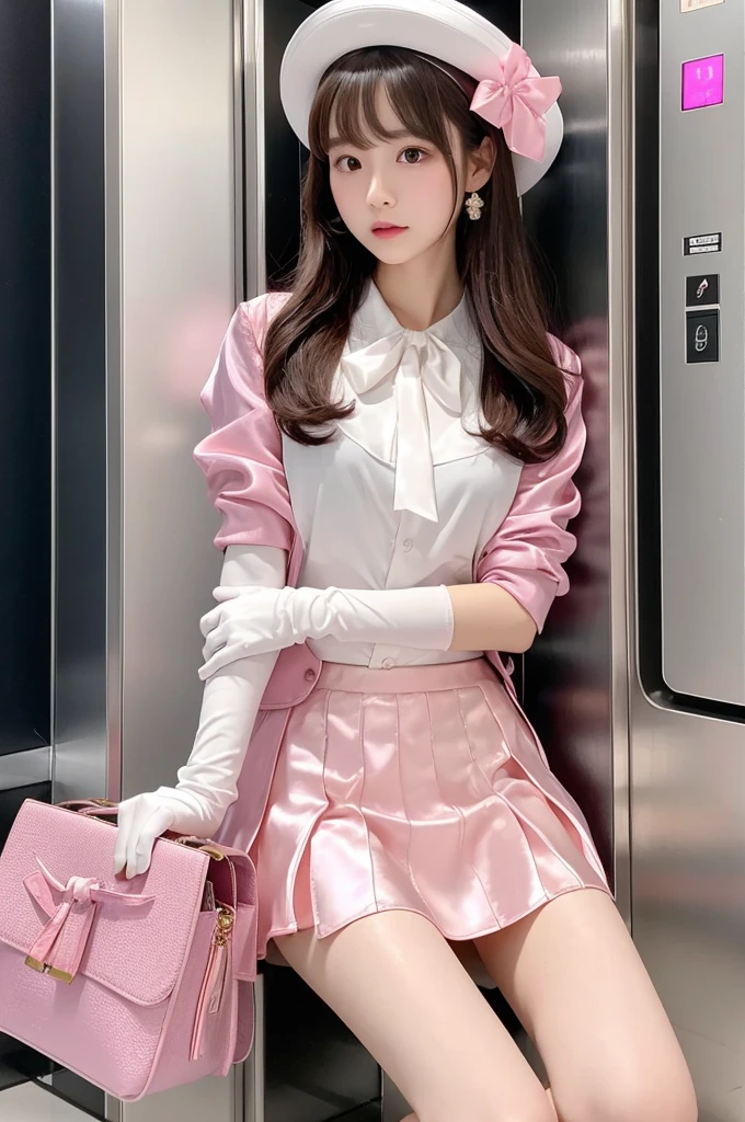 Highest quality、Elevator Girl、A short pink jacket made of shiny, lustrous silk、White blouse with ribbon、Very short tight skirt、Micro Mini Skirt、A small round hat with a ribbon、Skinny、White gloves、Very embarrassed look、Sit on the floor facing the front、Face straight