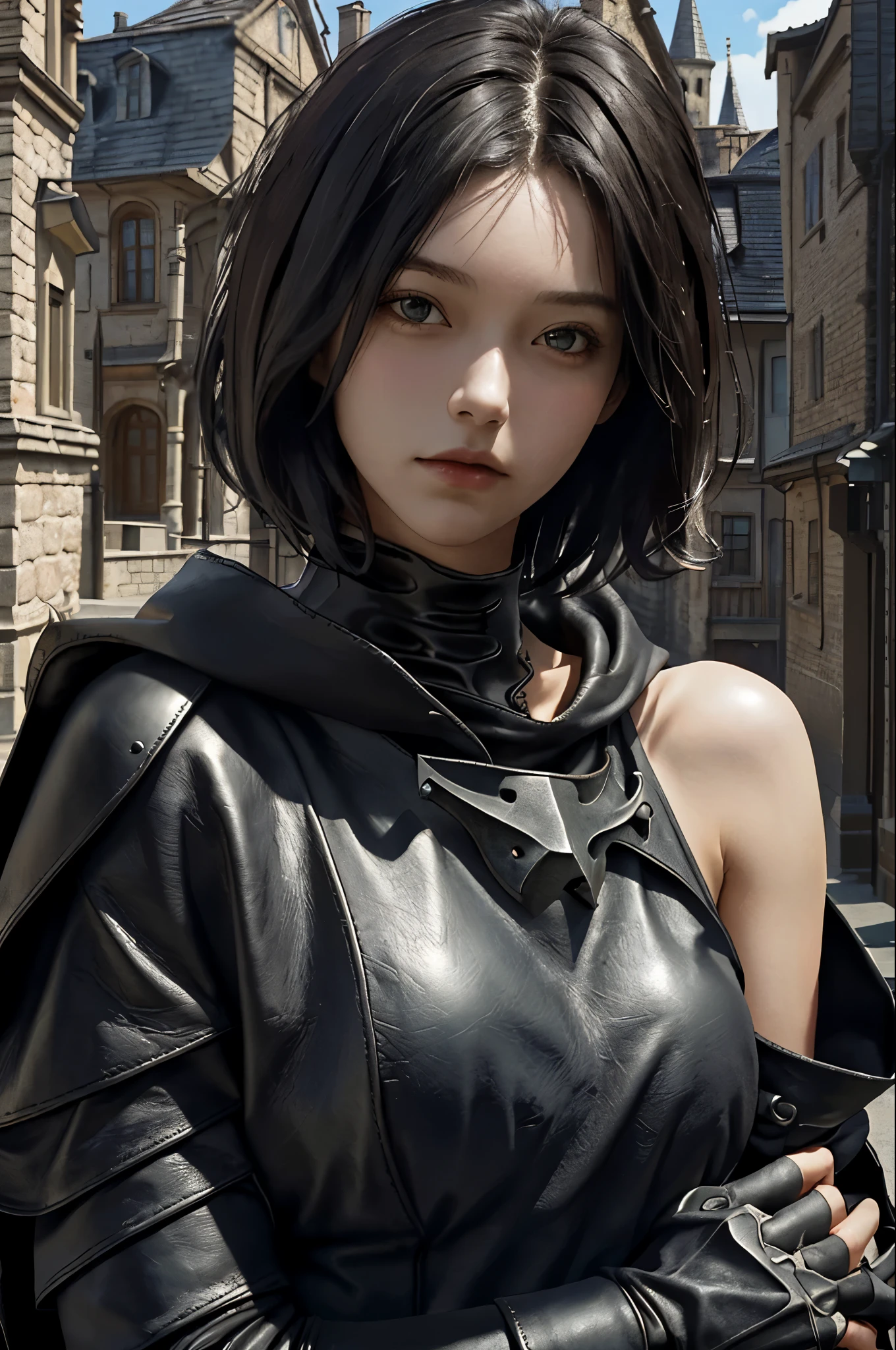 Highest quality,masterpiece,Ultra-high resolution,(Realistic:1.4),One girl,shoulder,Charm,Looking into the camera,short hair、Black hood、Leather armor、Upper body only、Background medieval cityscape
