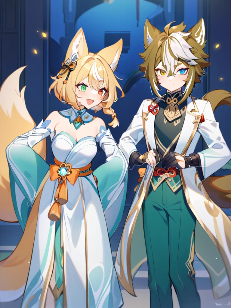 Gorou from genshin impact stands next to a fox girl who has long yellow hair braided in two tails, this girl has heterochromia, one eye is orange, the other is green, she is all in white clothes, trousers, a separate collar with an orange bow, Gorou stands next to a fox girl